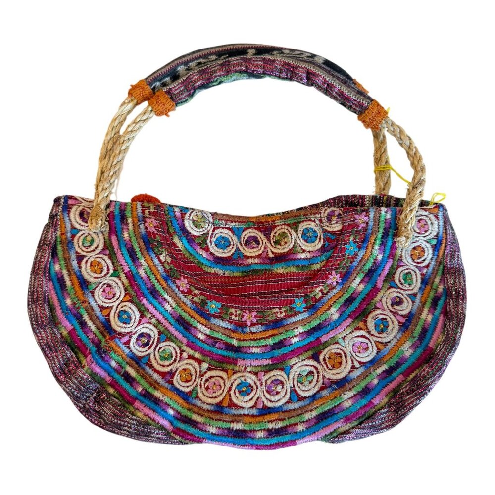Boho Shoulder Bag Beads Rope Handles Colorful Embroidered Indie Hippie Festival - Picture 5 of 6